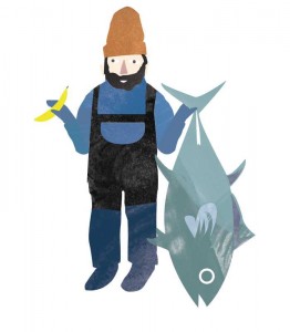 Illustration of fisherman comparing big tuna to banana