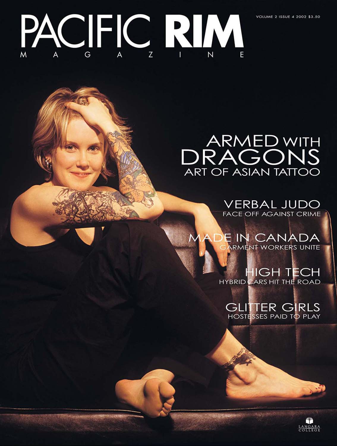 2002 Pacific Rim Cover. "Armed with Dragons." Cover Story. Image of woman with tattooed arm.